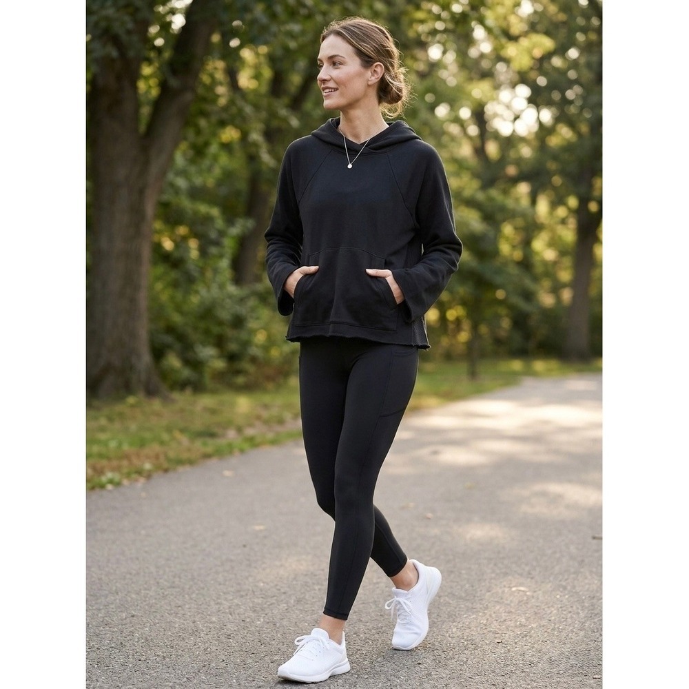 Athleta Black Waffle Knit Oversized Hoodie Pullover Raw Hem 211387 Womens Large